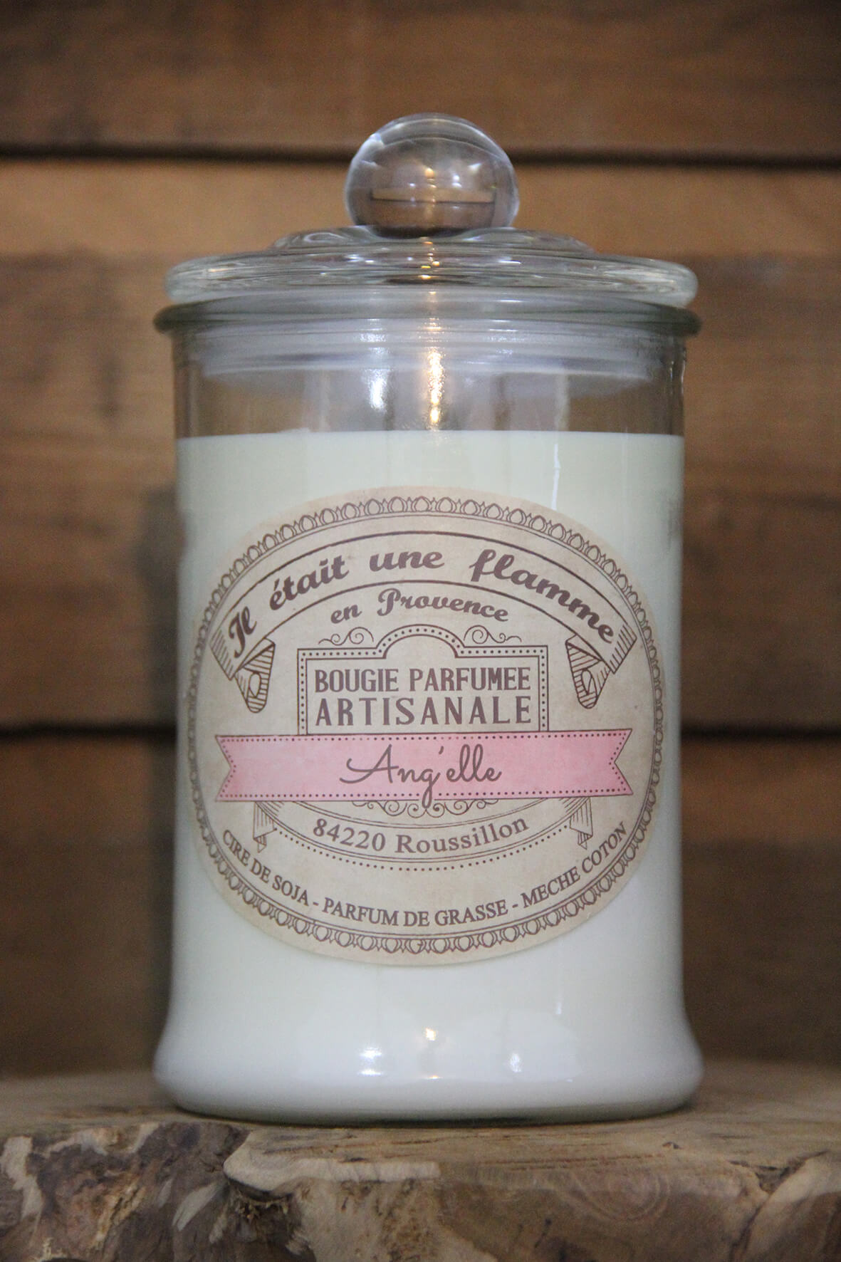 Bougie artisanale bio “Ang'elle” en grande bonbonnière, parfum naturel au Angel Thierry Mugler, non toxique, fabriquée en Provence, 600 g, environ 80 h de combustion