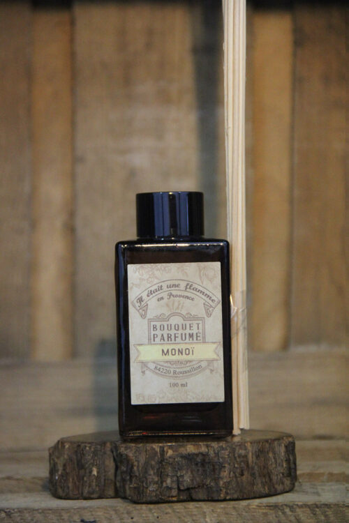 Diffuseur de parfum au monoï 100ml artisanal fabriqué en Provence, bouquet parfumé naturel avec bâtons réglables