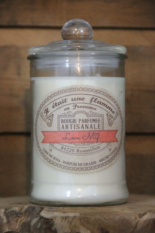 Bougie artisanale bio “Love My” en grande bonbonnière, parfum naturel au j'adore de Dior, non toxique, fabriquée en Provence, 600 g, environ 80 h de combustion