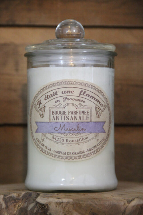 Bougie artisanale bio “Masculin” en grande bonbonnière, parfum naturel au le male jean paul gauthier, non toxique, fabriquée en Provence, 600 g, environ 80 h de combustion