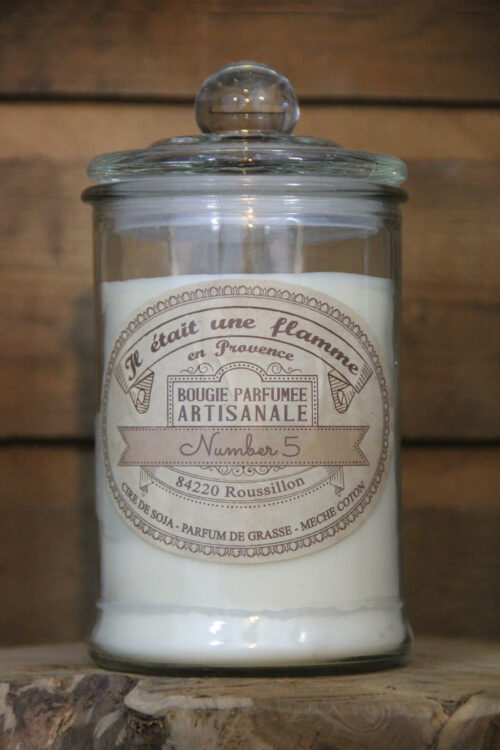 Bougie artisanale bio “Number 5” en grande bonbonnière, parfum naturel au N°5 Channel, non toxique, fabriquée en Provence, 600 g, environ 80 h de combustion