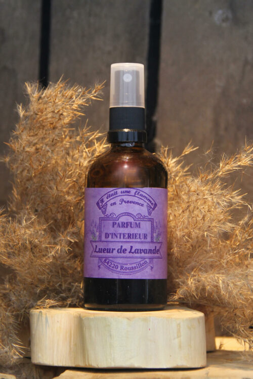 Parfum d’intérieur Lueur de Lavande 100ml, fabrication artisanale en Provence, senteur lavande et lilas apaisante, ambiance relaxante et naturelle