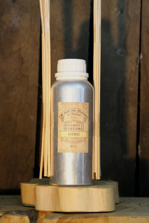 Recharge de bouquet parfumé au monoï naturel, 200ml artisanal fabriqué en Provence, avec bâtons réglables